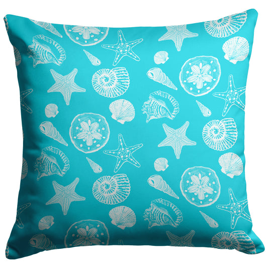 Seashell Sketches on Tropical Blue Background, Throw Pillow