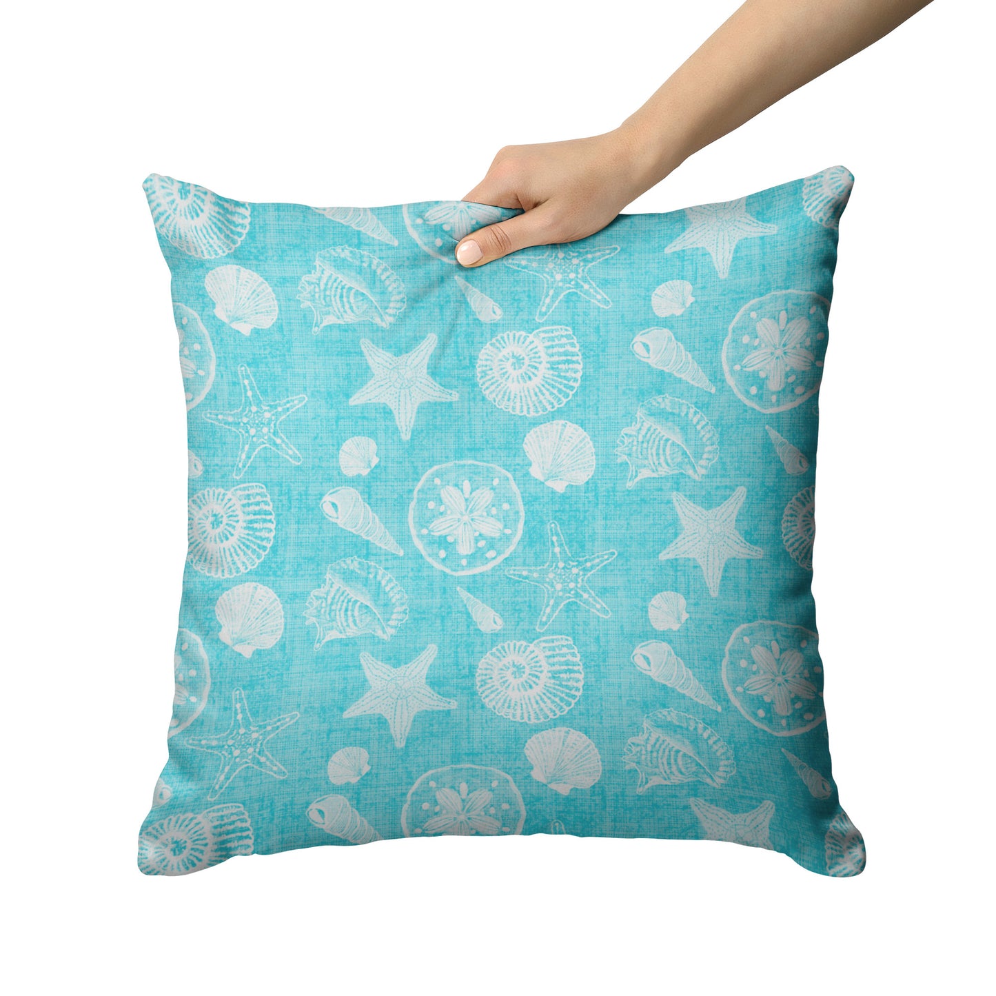 Seashell Sketches on Tropical Blue Linen Textured Background, Throw Pillow