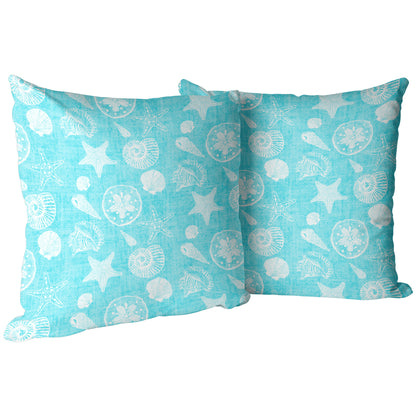 Seashell Sketches on Tropical Blue Linen Textured Background, Throw Pillow
