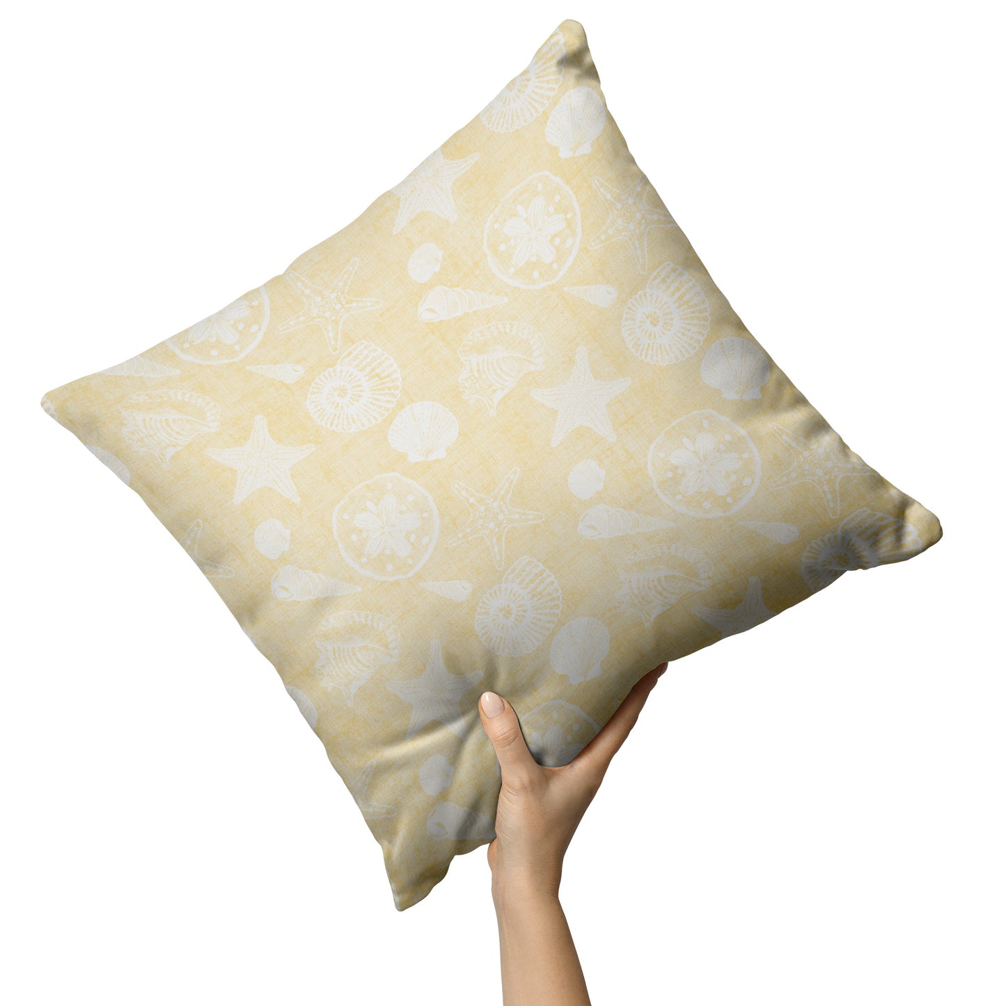 Seashell Sketches on Yellow Linen Texture Background, Throw Pillow