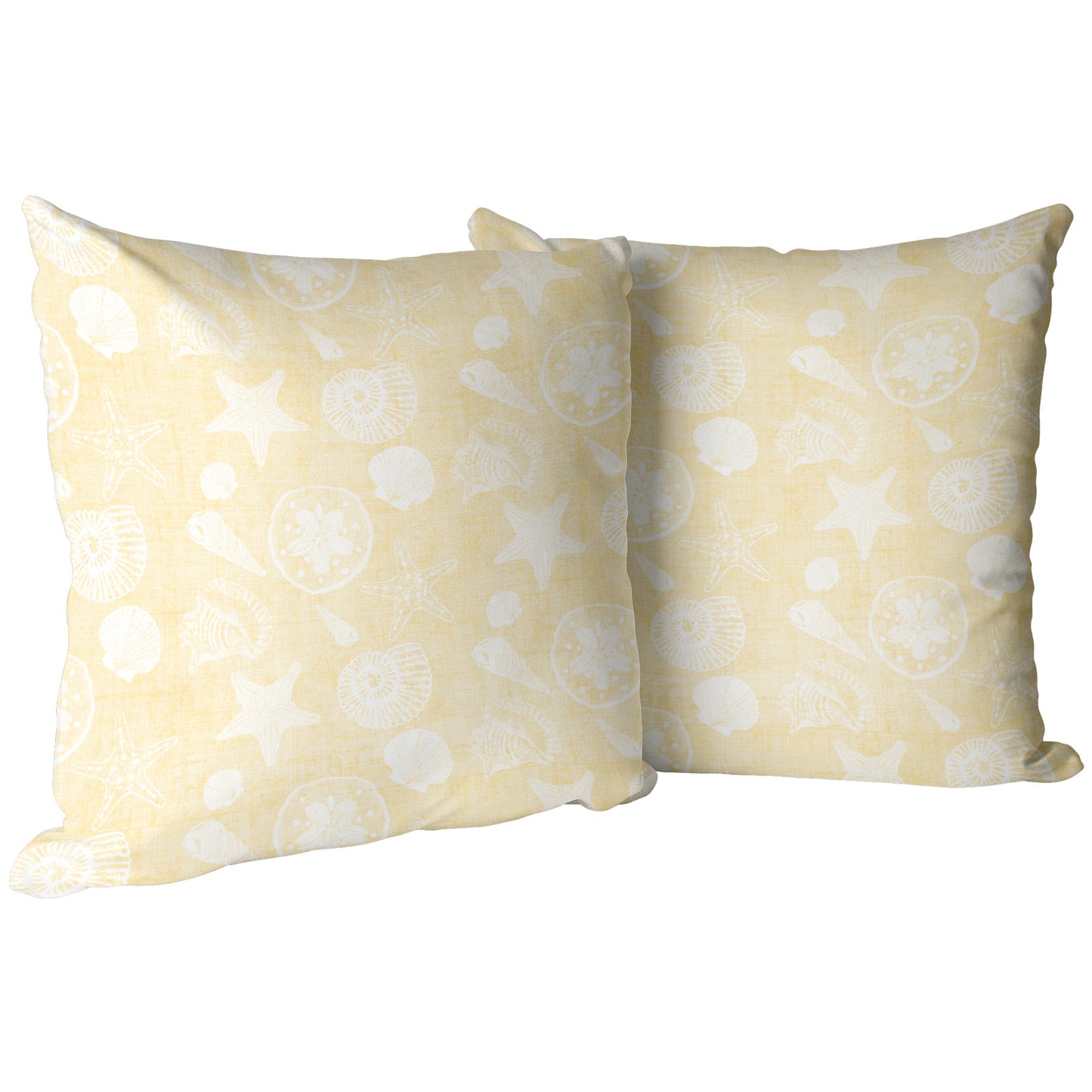 Seashell Sketches on Yellow Linen Texture Background, Throw Pillow
