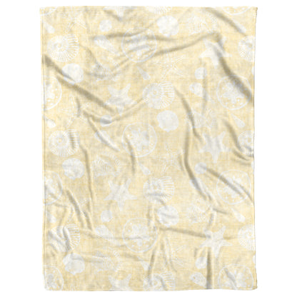 Seashell Sketches on Yellow Linen Texture Background, Fleece Blanket