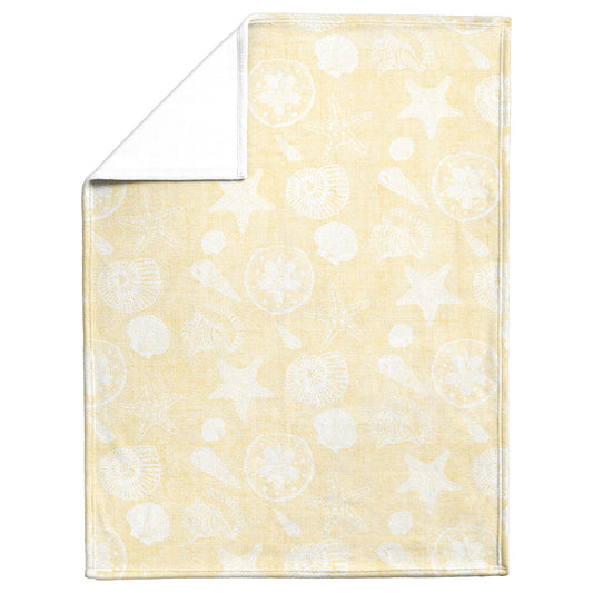 Seashell Sketches on Yellow Linen Texture Background, Fleece Blanket