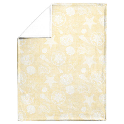 Seashell Sketches on Yellow Linen Texture Background, Fleece Blanket