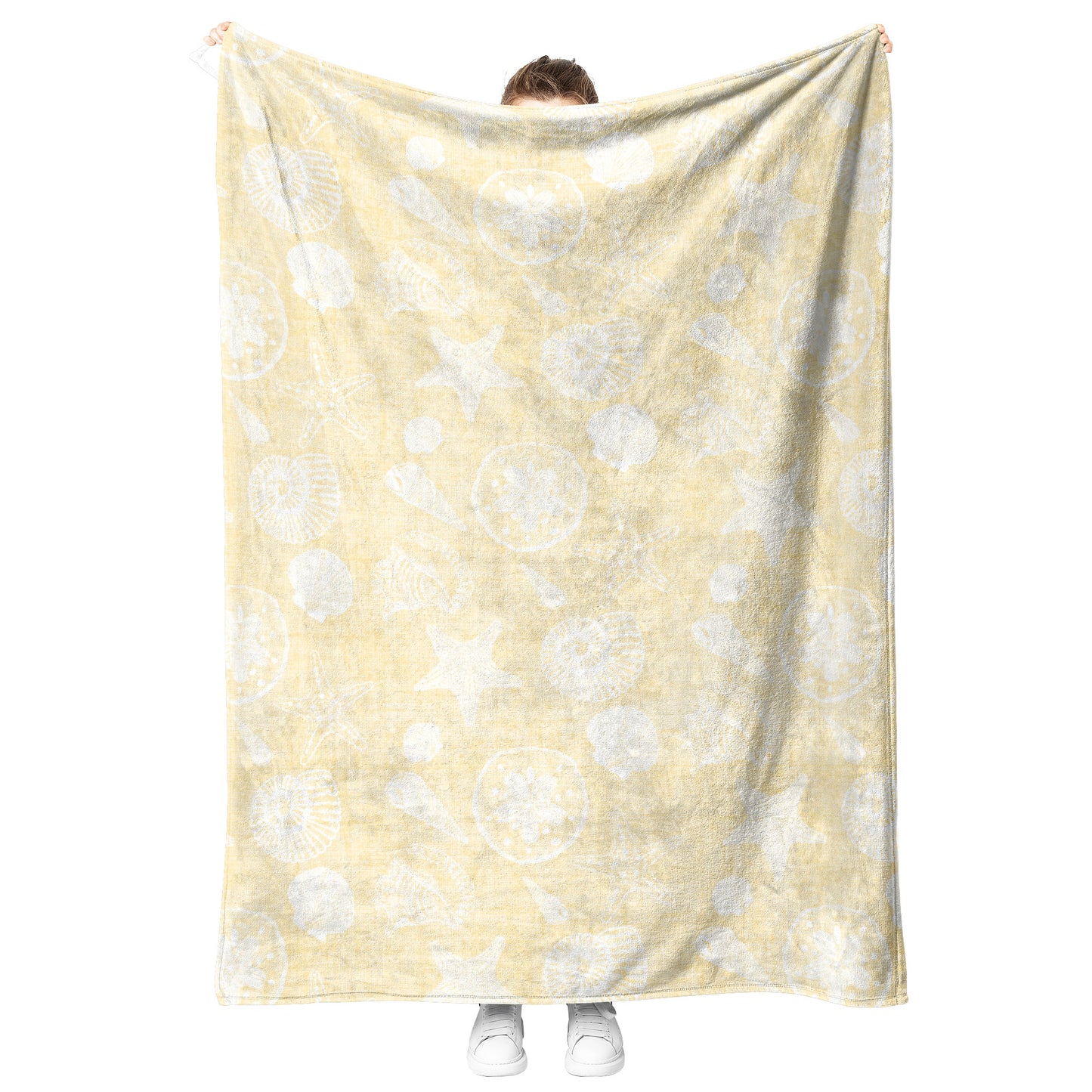 Seashell Sketches on Yellow Linen Texture Background, Fleece Blanket