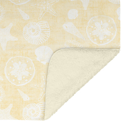 Seashell Sketches on Yellow Linen Texture Background, Fleece Blanket