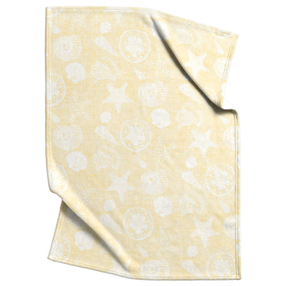 Seashell Sketches on Yellow Linen Texture Background, Fleece Blanket