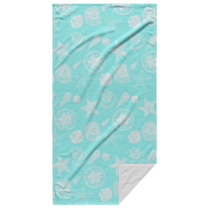 Seashell Sketches on Coastal Blue Background, Beach Towel