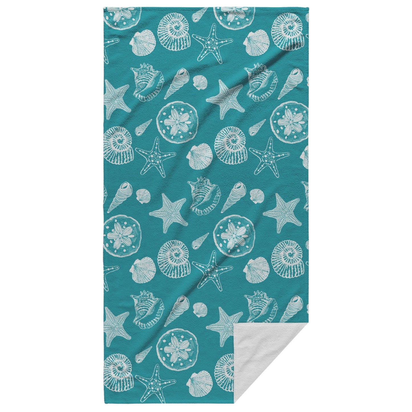 Seashell Sketches on Teal Background, Beach Towel