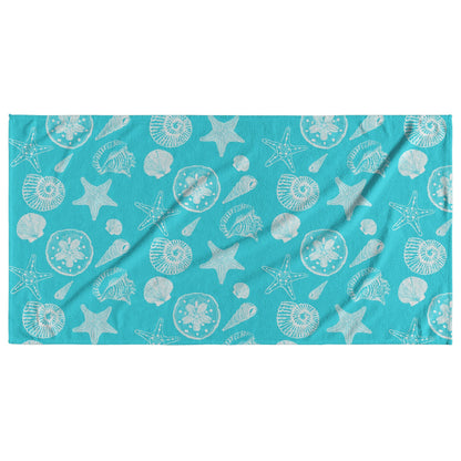 Seashell Sketches on Tropical Blue Background, Beach Towel