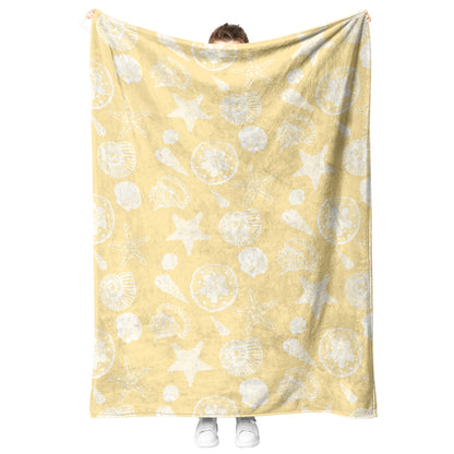 Seashell Sketches on Yellow Background, Fleece Blanket