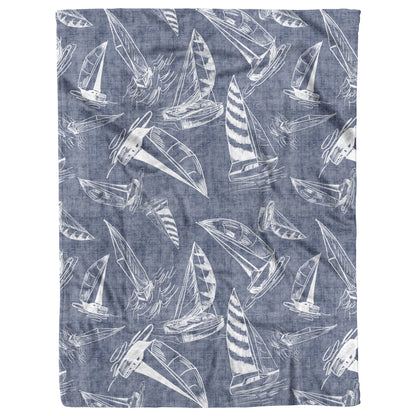 Sailboat Sketches on Navy Blue Linen Texture Background, Fleece Blanket