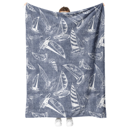 Sailboat Sketches on Navy Blue Linen Texture Background, Fleece Blanket