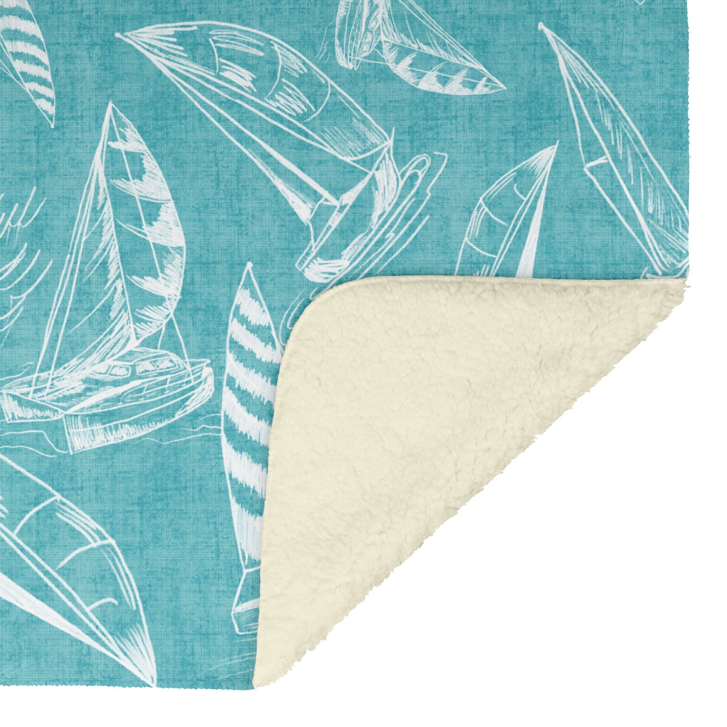 Sailboat Sketches on Teal Linen Texture Background, Fleece Blanket