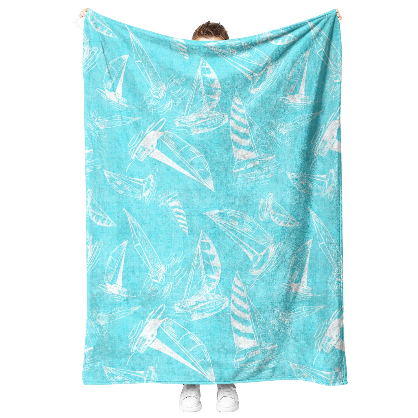 Sailboat Sketches on Tropical Blue Linen Texture Background, Fleece Blanket