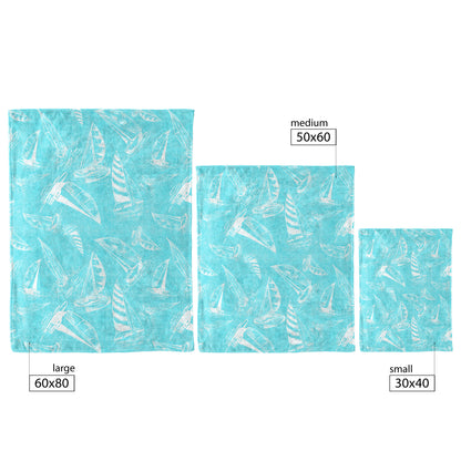 Sailboat Sketches on Tropical Blue Linen Texture Background, Fleece Blanket